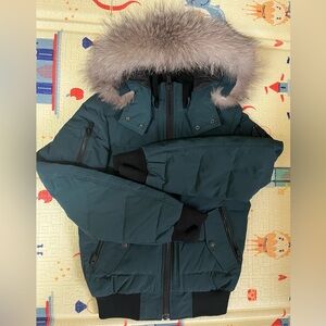 Moose Knuckles Teal Puffer Jacket with Faux Fur Trim Authentic